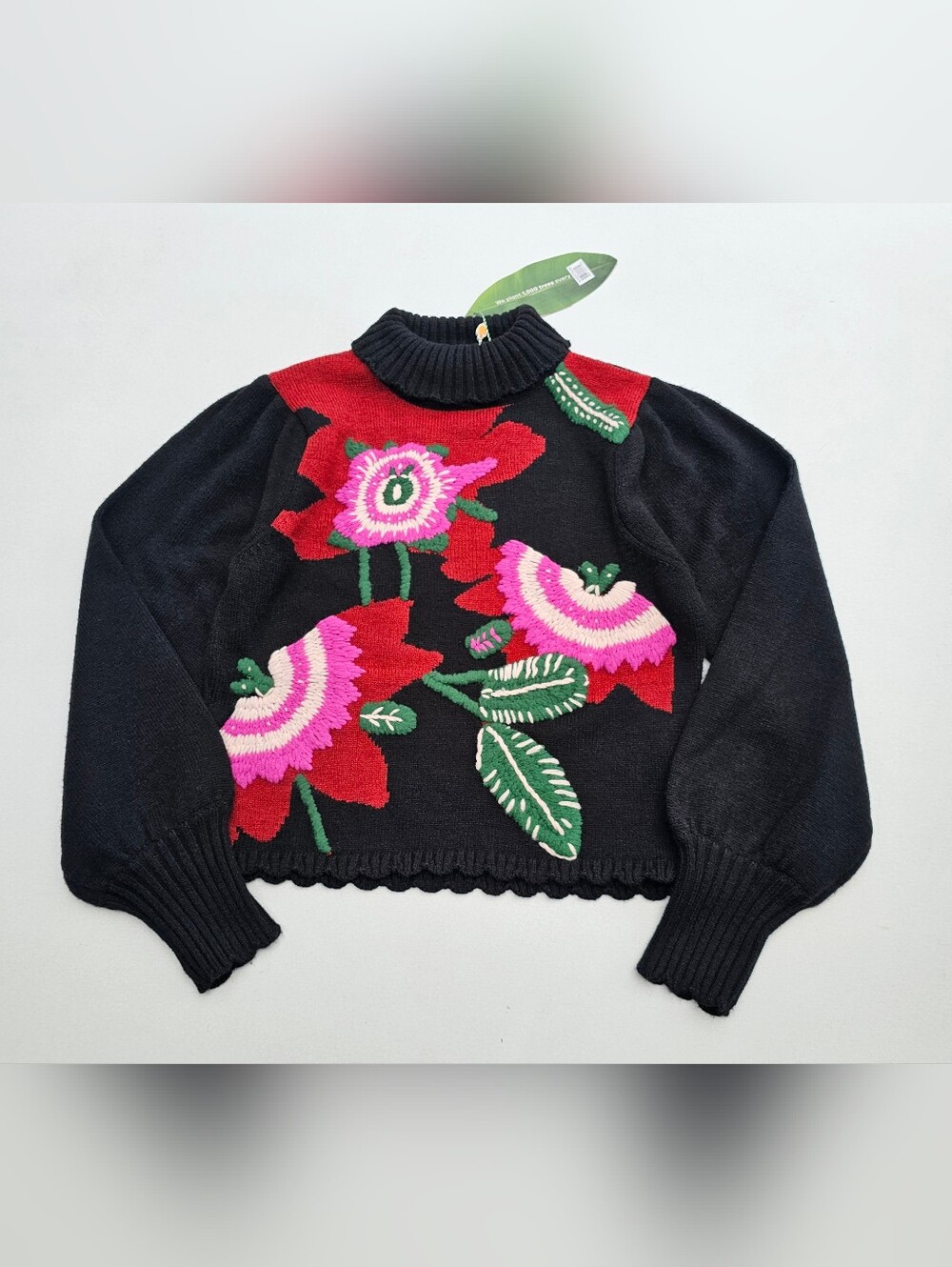Farm Rio Black Bold Colorful Flower Embroidered Knit Sweater - Picture 3 of 13